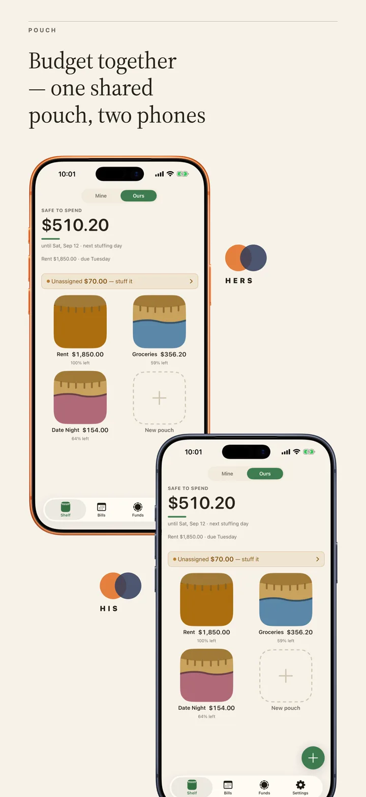 Budget together: the same shared Ours page on two phones, hers and his, syncing over iCloud.