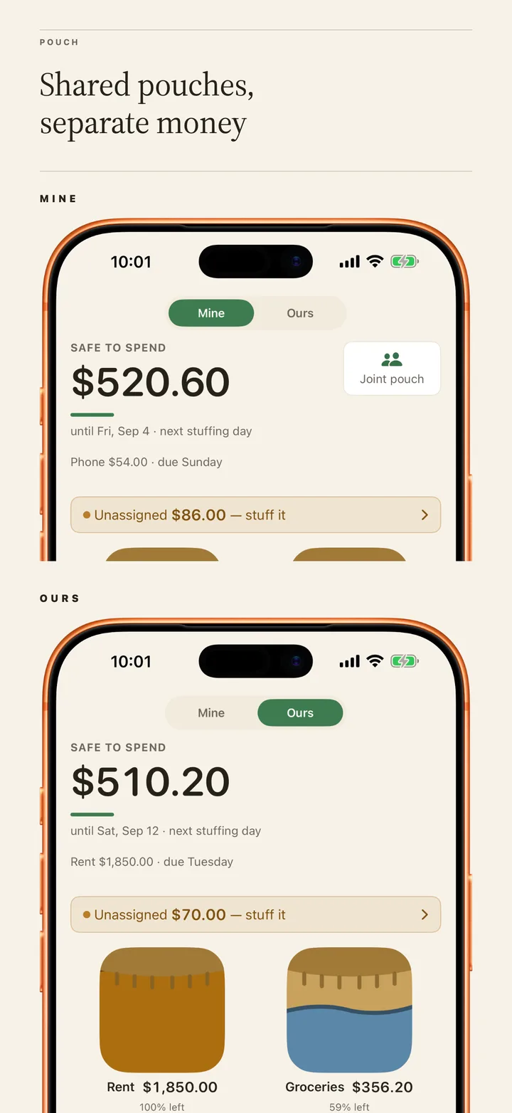 Shared pouches, separate money: the Mine page and the Ours page of one phone, side by side.