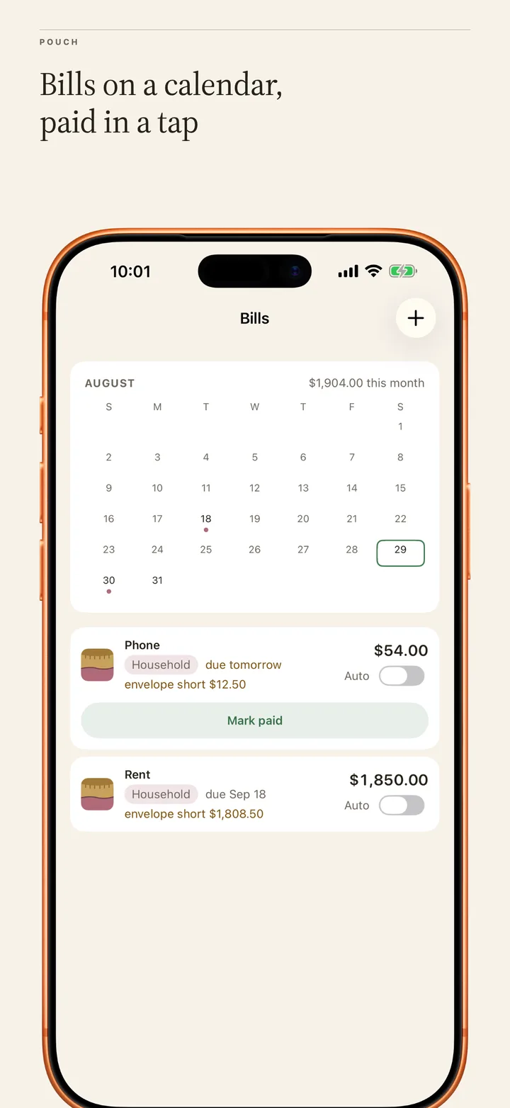Bills: a month calendar with due-date dots and one-tap mark paid.