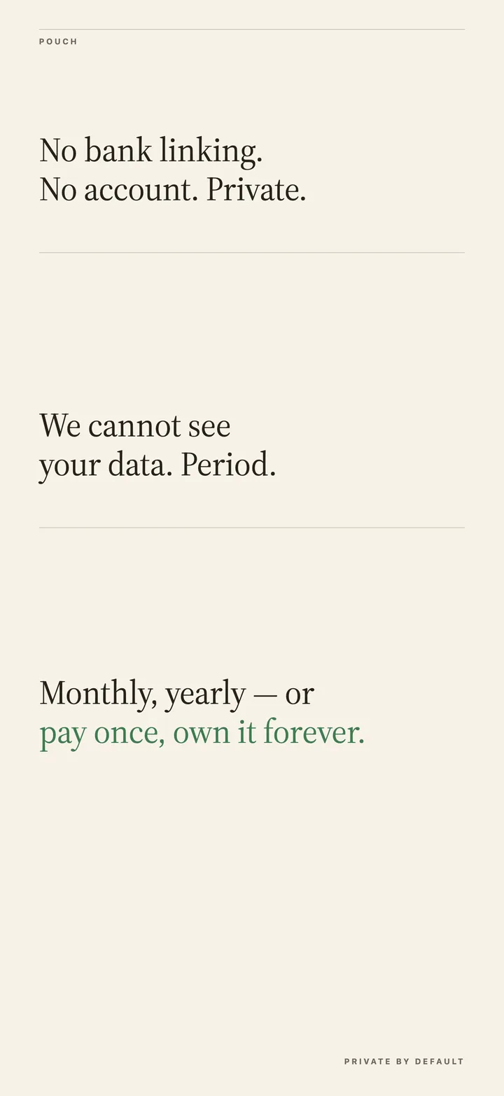 Private by default: no bank linking, no account — monthly, yearly, or pay once and own it forever.