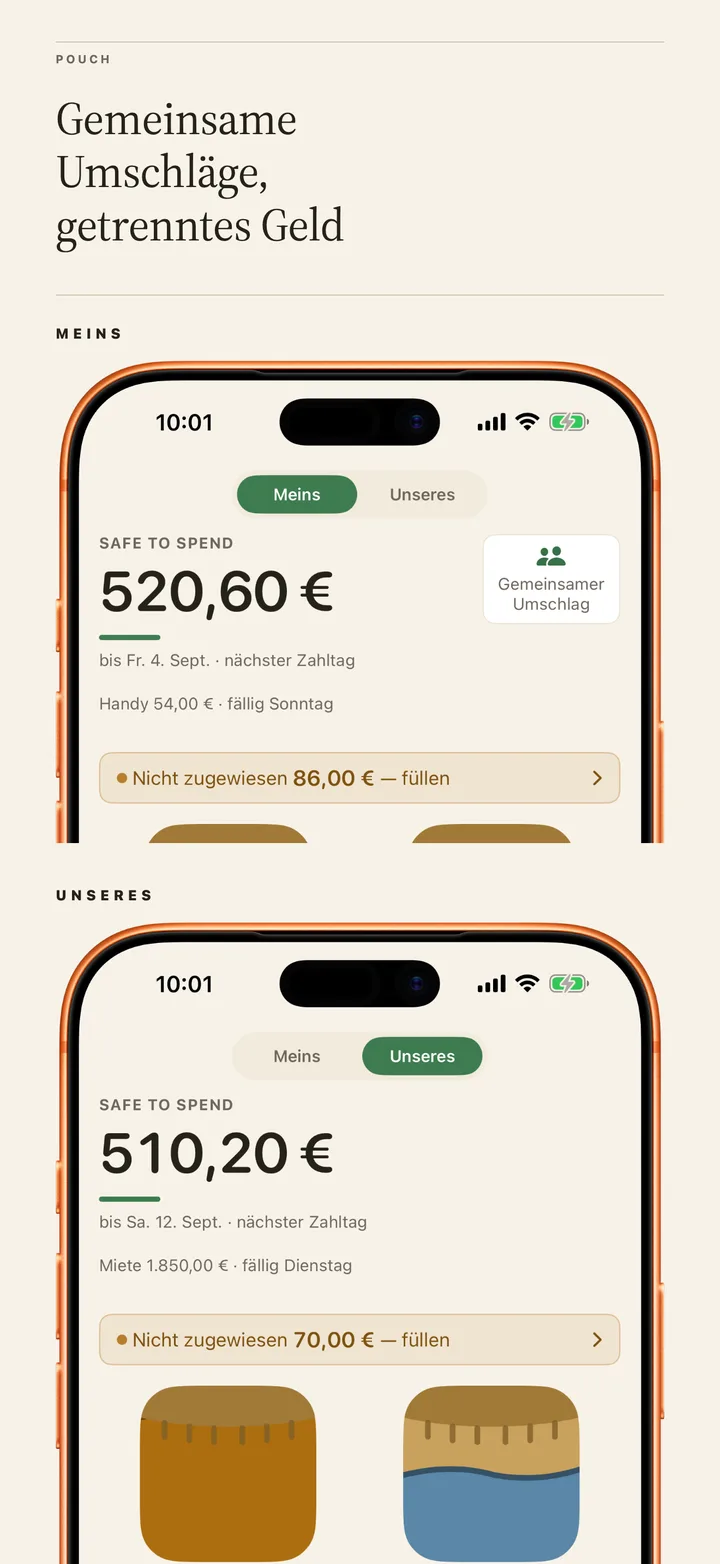 Shared pouches, separate money: the Mine page and the Ours page of one phone, side by side.