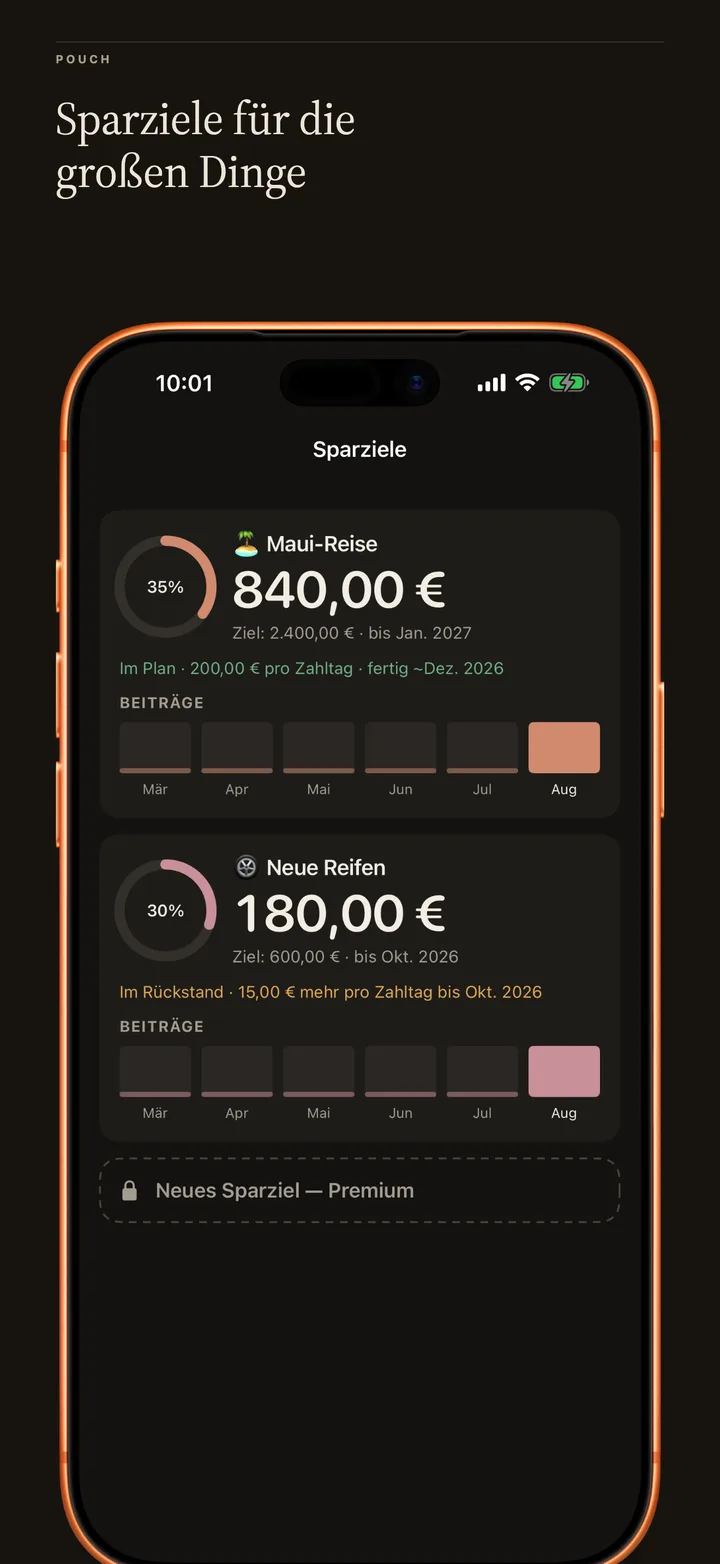 Sinking Funds in dark mode: progress toward big goals like a trip and new tyres, paced honestly.