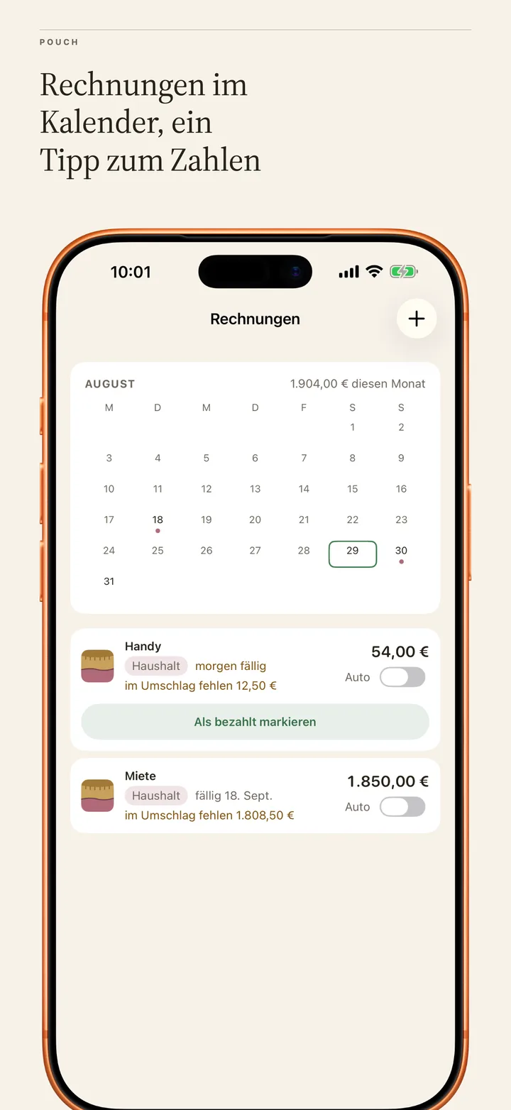 Bills: a month calendar with due-date dots and one-tap mark paid.