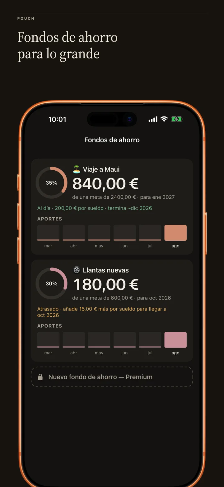 Sinking Funds in dark mode: progress toward big goals like a trip and new tyres, paced honestly.