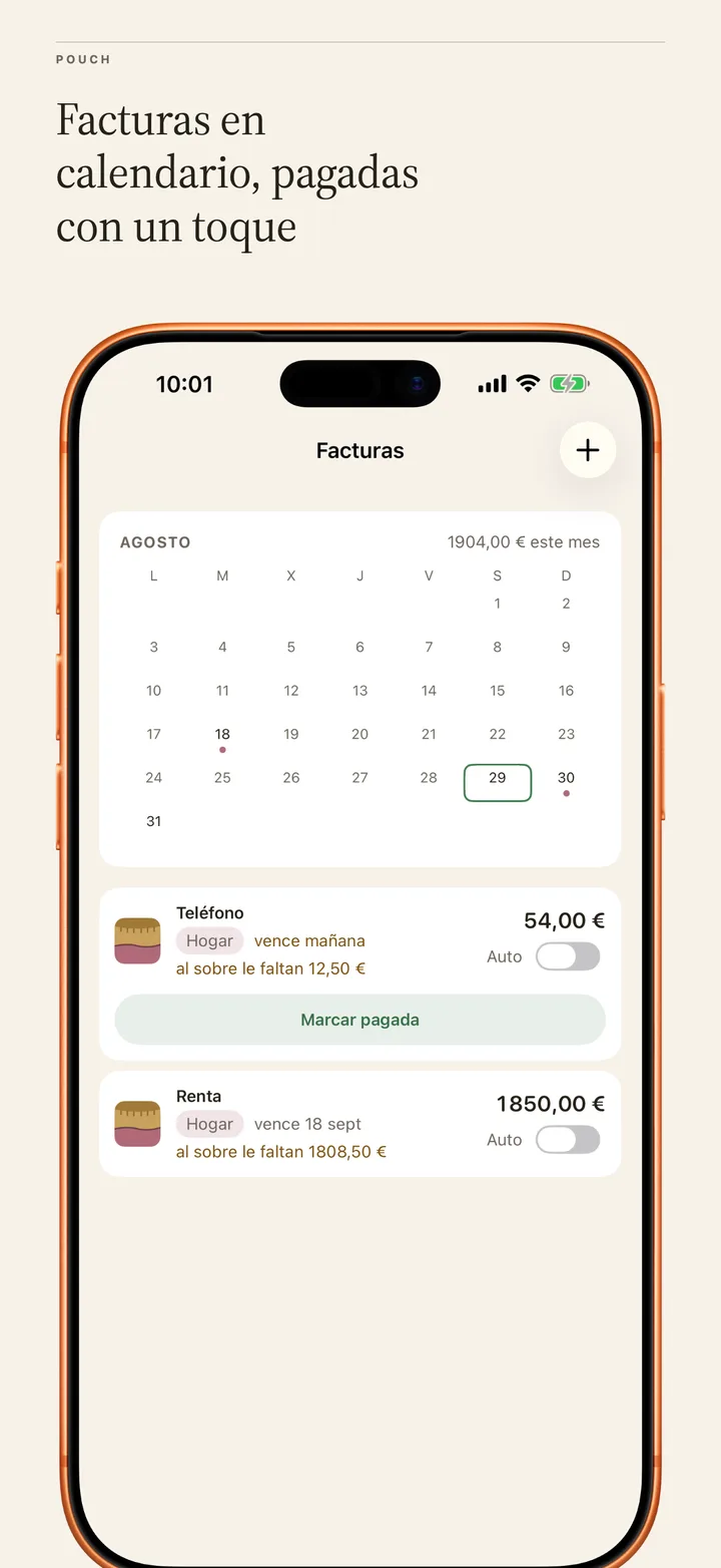 Bills: a month calendar with due-date dots and one-tap mark paid.