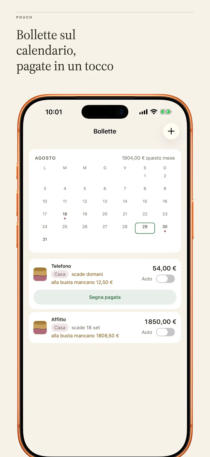 Bills: a month calendar with due-date dots and one-tap mark paid.
