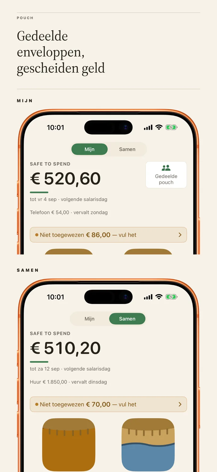 Shared pouches, separate money: the Mine page and the Ours page of one phone, side by side.
