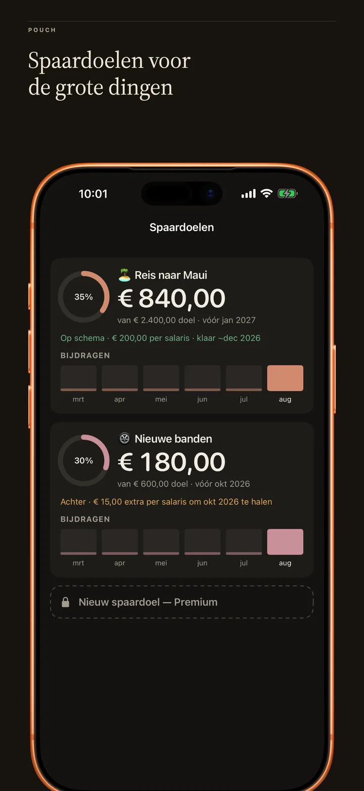 Sinking Funds in dark mode: progress toward big goals like a trip and new tyres, paced honestly.