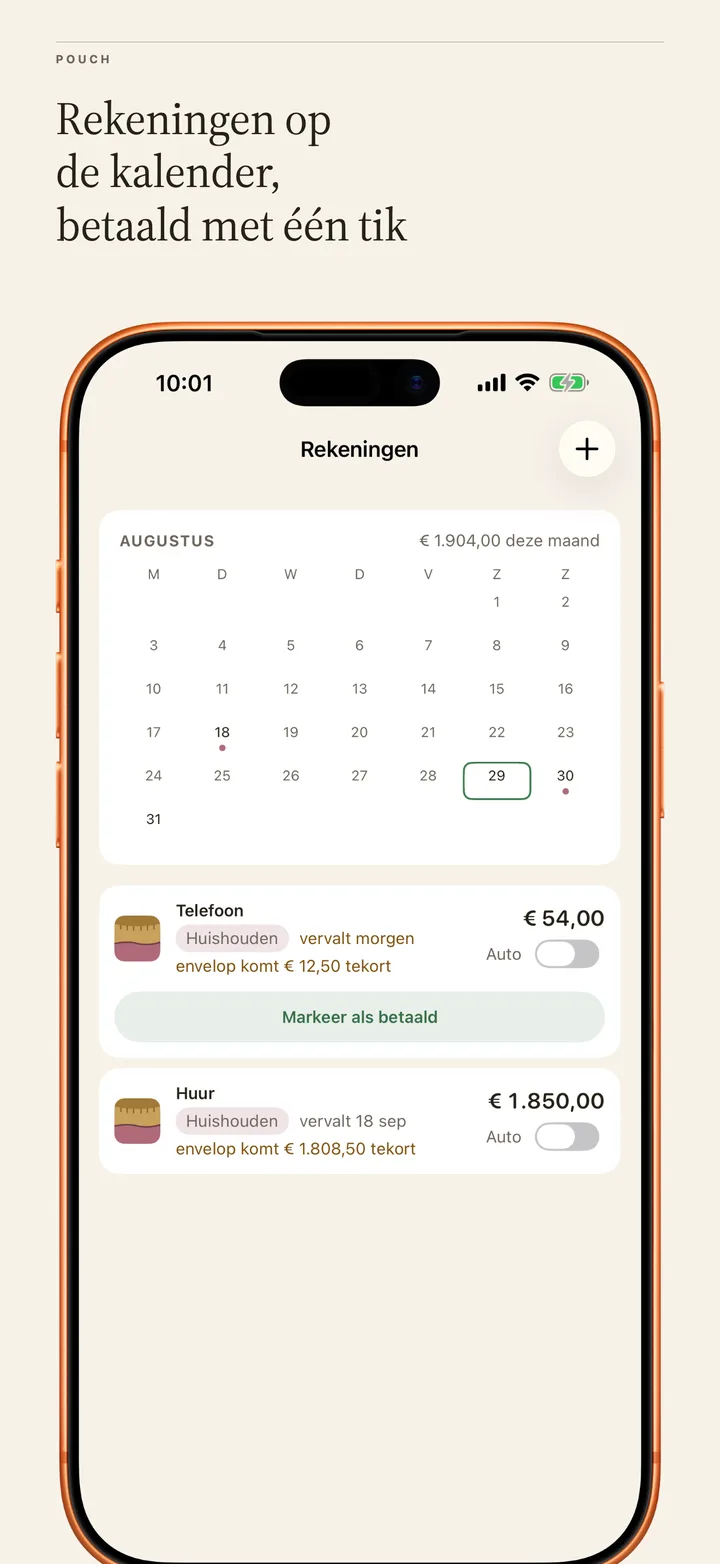 Bills: a month calendar with due-date dots and one-tap mark paid.